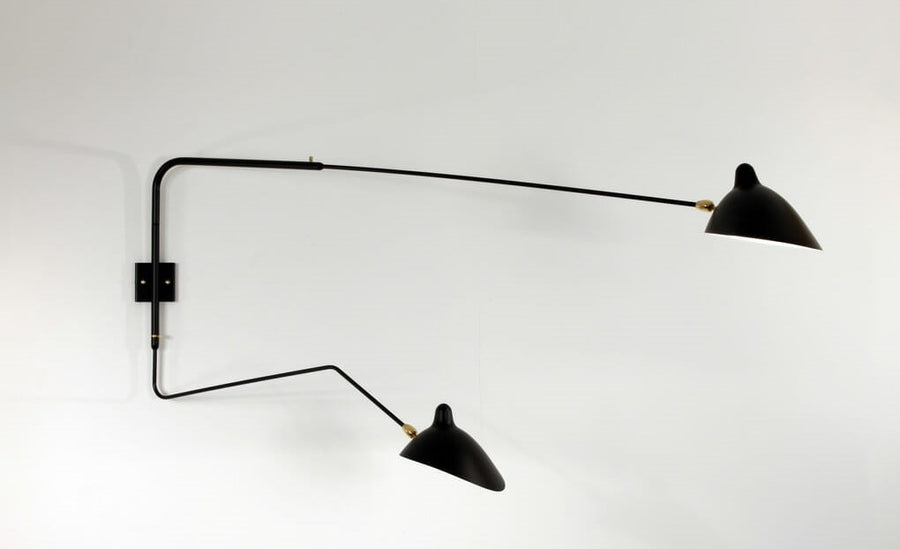 Wall lamp with 2 pivoting arms, 1 curved