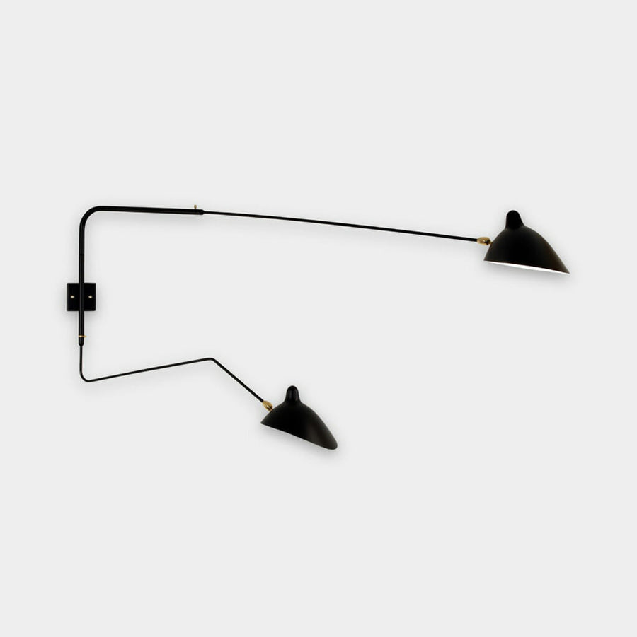 Wall lamp with 2 pivoting arms, 1 curved